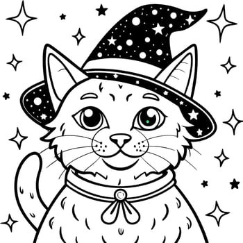 an adorable wizard cat, halloween starry night, beautiful eyes, illustration line art vector
