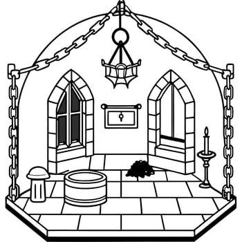 dracula castle cell interior with chains by candlesticks, writing desk and bed horror halloween vector