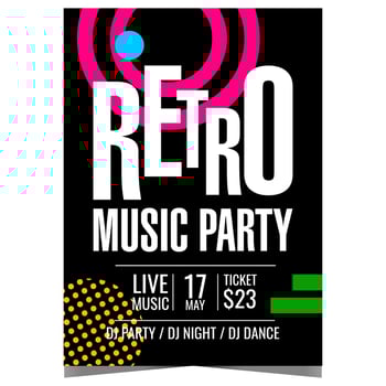 Retro music party leaflet or flyer template with colourful abstract geometric shapes. Vintage poster or banner for dance event, musical show with live DJ in a night club. vector