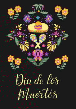 Dia de los Muertos poster with hand drawn square floral composition and sombrero. Calligraphy text. Mexican traditional holiday banner. Floral decorated design for Day of the dead on black background vector