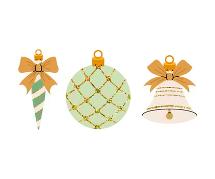 Set Christmas tree toys with gold glitter. Winter festive decoration. Glass toys traditional new year holiday design element. Christmas bell. vector
