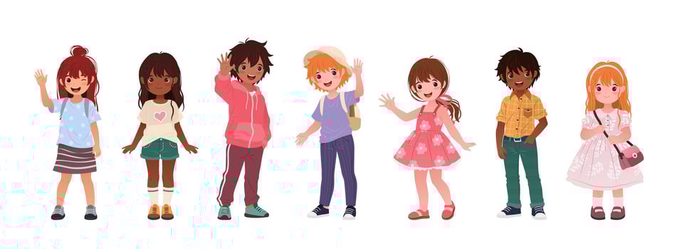 Collection of Multiracial Kids in Various Casual Clothes. Cute Cartoon Children, Funny Boys and Girls. Isolated Illustrations on a White Background for Back to School and Educational Designs. vector