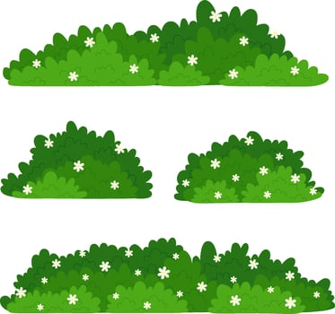 Green Bushes with White Flower Flat Illustration. Simple Grass Element Collection vector