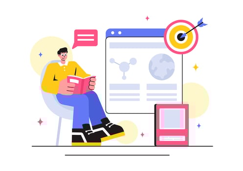 School Books and Learning Tools Illustration Featuring People Studying in a Cartoon Style vector