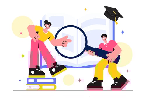 Books and Learning Tools Illustration Featuring People and School Items in Flat Style vector