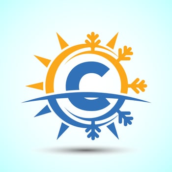 Initial alphabet C with abstract sun and snow. Air conditioner logo sign, Hot and cold symbol vector