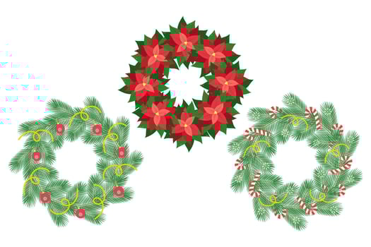 Evergreens twigs with decorated and Poinsettia wreath in trendy Christmas shades. Set of 3 Frames. Copy space. Isolated illustration vector