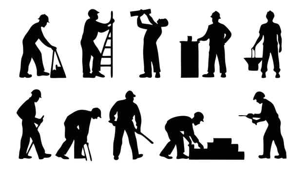 Working builders set silhouettes isolated flat illustration on white background. vector