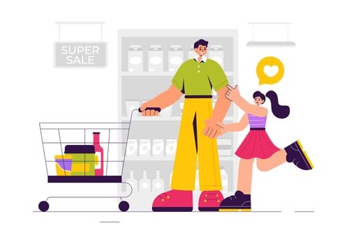 Food and Beverage Items on Supermarket Shelves for Shopping Needs in Flat Style vector