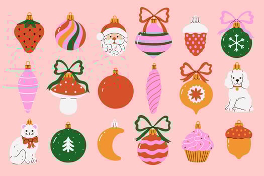 Set of cute glass Christmas tree toys. graphics. vector