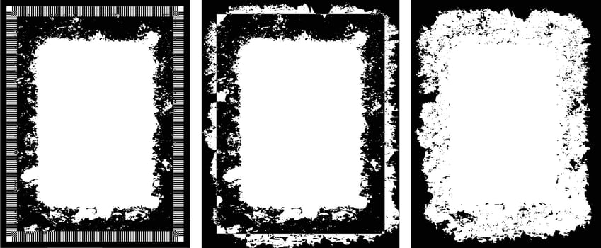 three black and white vertical vintage grunge frame banners with a white border, a set of four square frames with grunge paint, square frames with grunge texture , black and white frame set vector