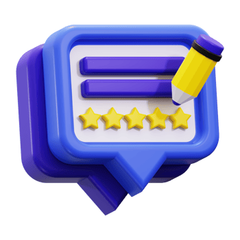 3d Feedback icon. Blue speech bubble with five yellow stars and a yellow pencil, perfect for educational or review related designs and concepts png