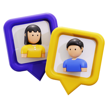 3d Conversation icon. Two speech bubbles with cartoon profile pictures of people for social media, communication, dialogues, discussions, and virtual interactions concepts. png