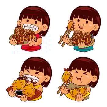 cute girl kids eating japan food illustration vector