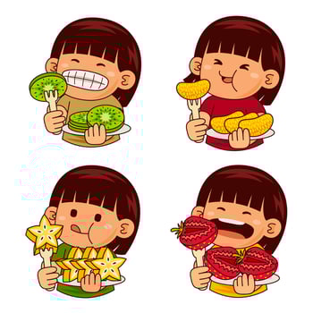 cute girl kids eating fruit illustration vector