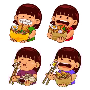 cute girl kids eating japan food illustration vector