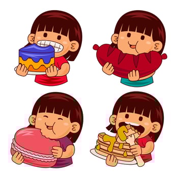 cute girl kids eating dessert illustration vector