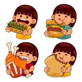 cute girl kids eating fast food illustration vector