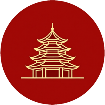Red circle with a gold and silver Chinese pagoda on it png