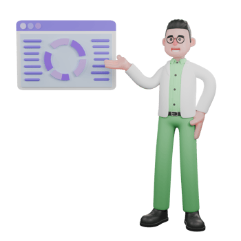 3D Cartoon Field Scientist. A male biologist stands next to a presentation board about analytical data results with a hand gesture pointing to a graph. Ecology Research Scene png