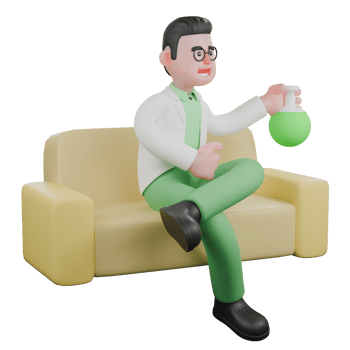 Professional Biologist 3D Cartoon. A male biologist is sitting on a sofa with a measuring flask in his left hand. Male Field Researcher png