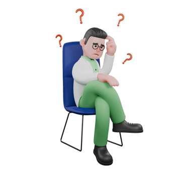 Ecology Expert 3D Model. A male biologist is sitting on a chair confused. Biologist Cartoon png