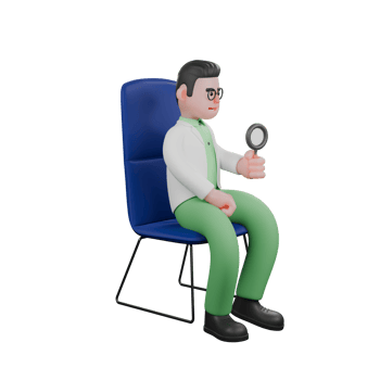 Male Biologist Cartoon in 3D. A male biologist is sitting on a chair holding a magnifying glass in his hand. Environmental Science Illustrated png