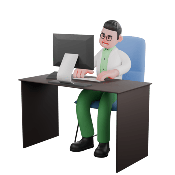 3D Cartoon Biologist Character. A male biologist is sitting at a desk with both hands operating a computer. Wildlife Research Model png