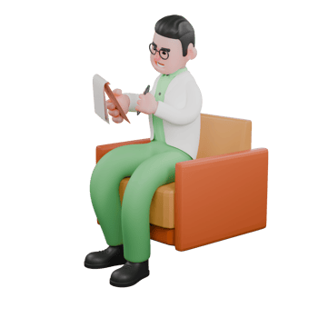 Environmental Biology 3D Illustrated. A male biologist sits on a sofa holding a clipboard in his left hand and a pen in his right hand. Professional Male Biologist png