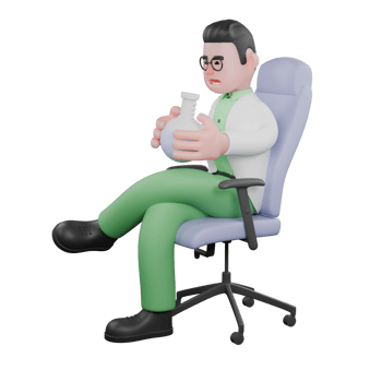 3D Animated Biologist. A male biologist sits on a chair with both hands holding a measuring flask. Male Wildlife Specialist png