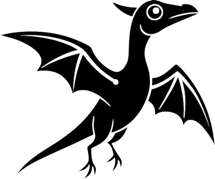 Smiling Flying Dinosaur Cartoon in Black Stencil Design. . png