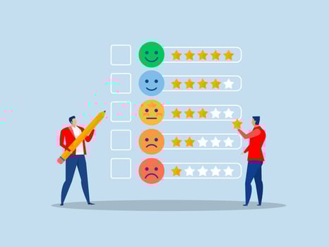 Businessman holding star and checking to put on best rating 5 stars rating review high quality and good feedback or credit score, evaluation rank concept illustrator. vector