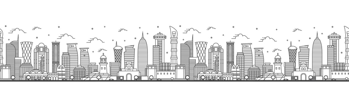 Seamless pattern with outline Doha Qatar City Skyline with Modern Buildings Isolated on White. Doha Cityscape with Landmarks. vector