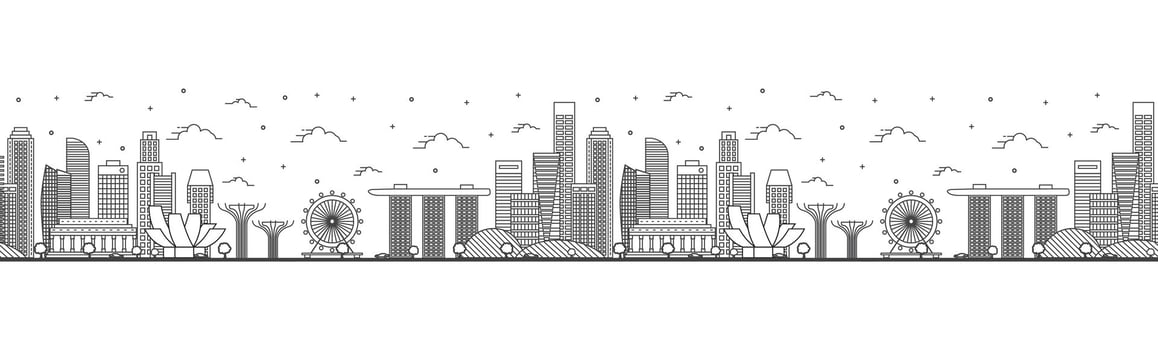 Seamless pattern with outline Singapore City Skyline with Modern Buildings Isolated on White. Singapore Cityscape with Landmarks. vector