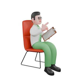 Professional 3D Biologist. A male biologist sits on a chair holding a clipboard in his left hand and points in a certain direction with his right hand. Male Ecology Expert png