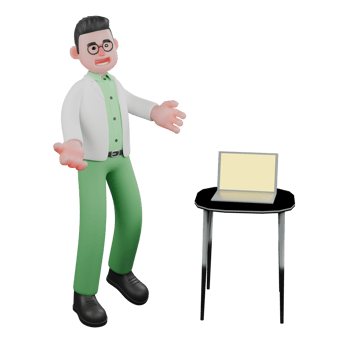 Male Biologist Cartoon Character. A male biologist stands beside a table with a laptop on top with both hands open. 3D Ecology Illustrated png