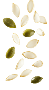 A creative arrangement of pumpkin and green olive seeds on a clean background png