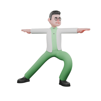 Professional Ecology Male. A male biologist doing Warrior 2 pose, with legs spread wide and arms straight parallel. 3D Biologist Illustrated png