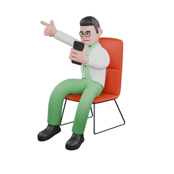 3D Professional Male Ecology Biologist. A male biologist sitting on a work chair while looking at his mobile phone and his other hand pointing a gun symbol to the right. Cartoon png