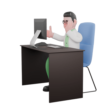 3D Male Biologist in Action. A male biologist is sitting on his desk chair in front of a monitor screen. Professional Ecology png