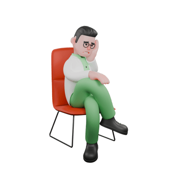3D Male Ecology Character. A male biologist is sitting thoughtfully on a work chair with his legs crossed and his hands holding his cheeks. Biologist Professional png