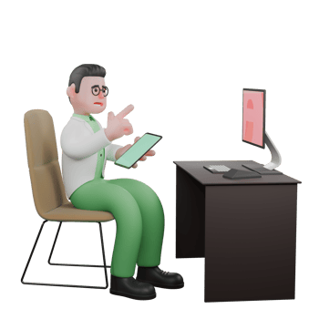 Male Professional Biologist - 3D Character. A male biologist is holding a cellphone while sitting on his desk chair in front of a monitor screen and his hands pointing forward. Ecology png