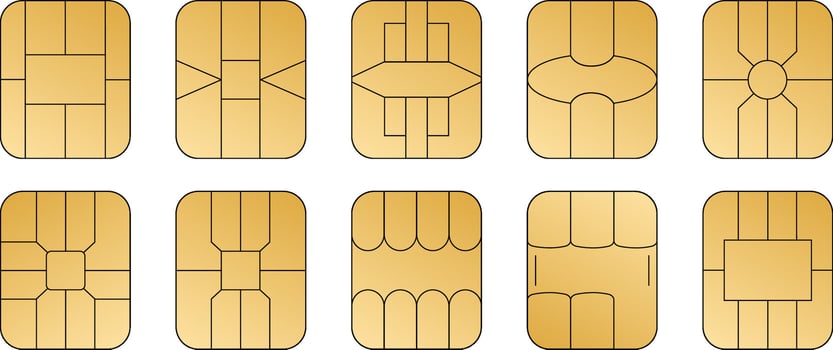 EMV chip golden icons. Set line nfc symbol. Contactless payment at terminals and ATMs. Square computer microchips for credit debit cards. vector
