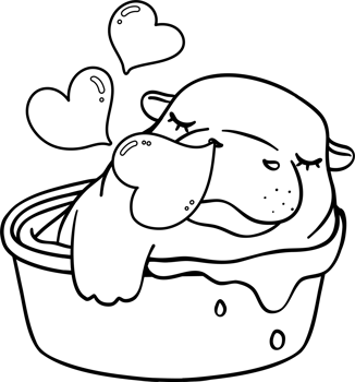 Baby Pygmy bouncy hippo sleeping in basin doodle outline coloring image png
