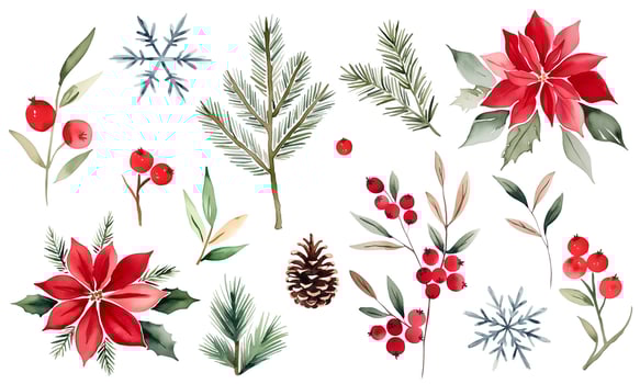 Watercolor christmas set. Botanical plants, flowers and snowflakes. Fir branches, berries and festive decorations. vector
