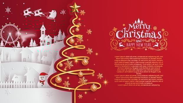 xmas tree in the design with snow. Gold 3D snowflakes, glittering gold confetti and jewel balls. Christmas and New Year card template. Winter paper art design. vector
