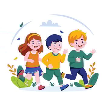 A flat style illustration of kids running in a garden vector