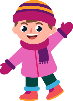 A cartoon boy wearing a pink coat and a purple scarf is waving png