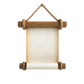 Old vertical paper scroll hanging on rope 3D icon isolate on transparent background png