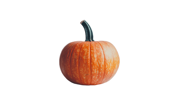 A vibrant orange pumpkin, showcasing its ridged texture and green stem, ideal for autumn displays. png